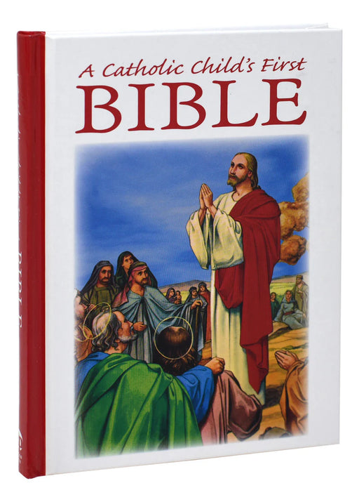 Book titled 'A Catholic Child's First Bible' with a colorful illustration on the cover.