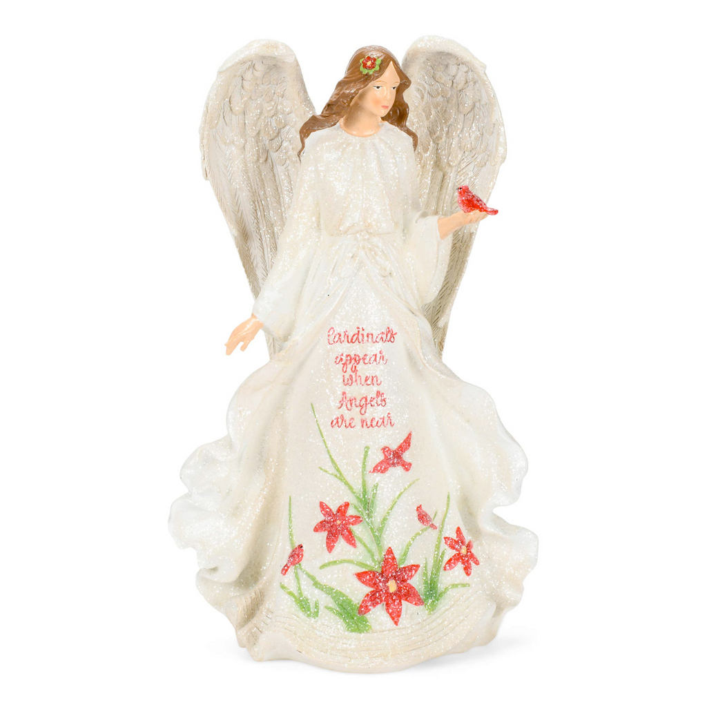 Angel Figure with Poinsettia and Cardinals 13"H