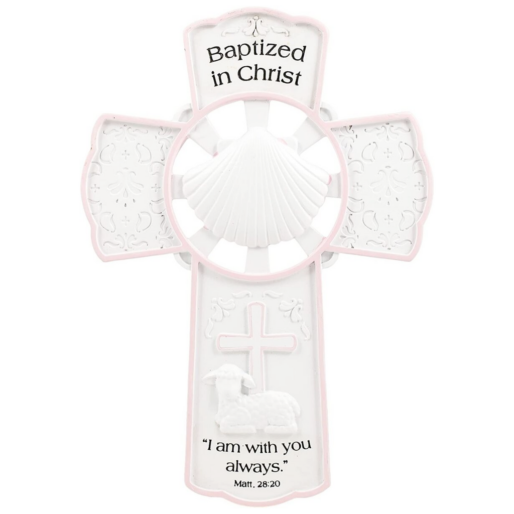 Girl Baptism Wall Cross Pink and White 7.75"H