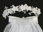 Close-up rhinestone floral details on a little girl's white sheer First Communion veil
