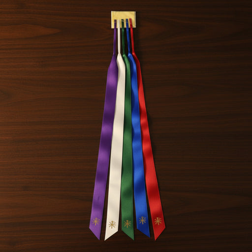 Set of colorful ribbons with decorative ends on a wooden surface