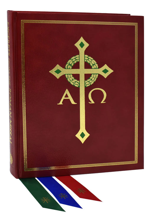 Red book with gold cross and 'A' and 'Omega' symbols, accompanied by three ribbons.