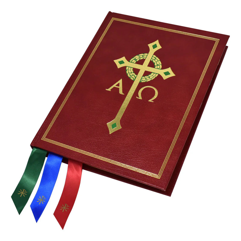 Red book with gold cross and 'A' and '?' symbols, featuring green and blue ribbons on a white background.