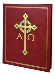 Red book with gold and green cross and 'A' and 'Omega' symbols on a white background