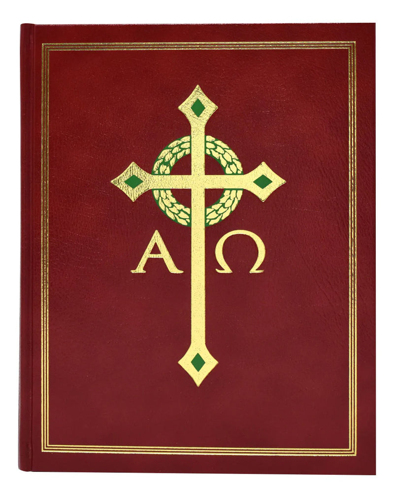 Red book cover with gold cross and 'A' and 'Omega' symbols on a white background