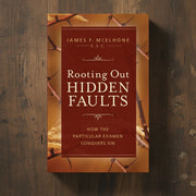 A warm-colored book titled 'Rooting Out Hidden Faults' on a dark wood background