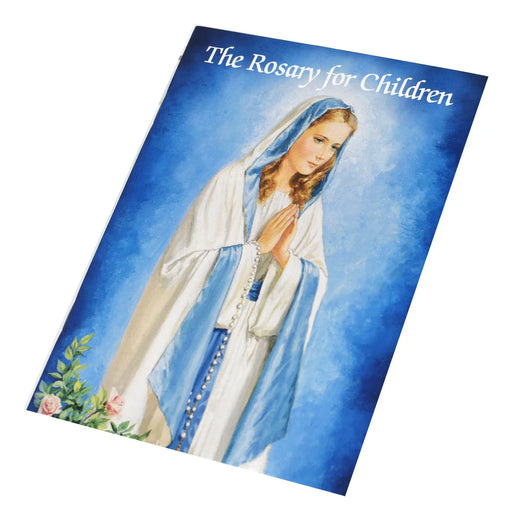 Booklet titled 'The Rosary for Children' with a painting of a woman in a blue and white robe on the cover.