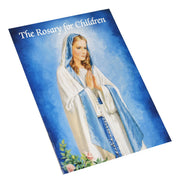 Book titled 'The Rosary for Children' with an illustration of a woman in a blue and white robe on the cover.