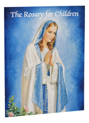 Book cover of 'The Rosary for Children' with a depiction of a religious figure on a blue background.