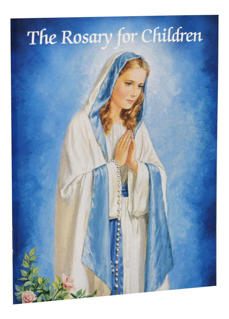 Book cover of 'The Rosary for Children' with a depiction of a religious figure on a blue background.