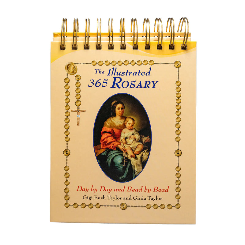 Book titled 'The Illustrated 365 Rosary' with a spiral binding on a white background
