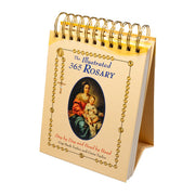Desk calendar titled 'The Illustrated 365 Rosary' with a religious illustration on a white background