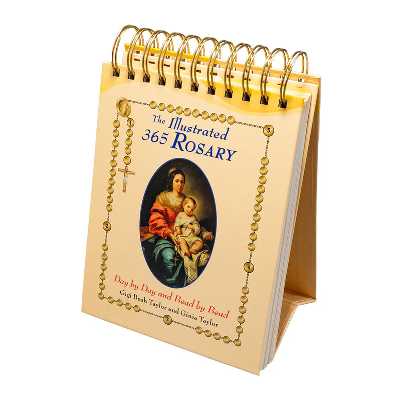 Desk calendar titled 'The Illustrated 365 Rosary' with a religious illustration on a white background