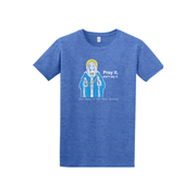 Blue t-shirt with a graphic of the Blessed Virgin Mary holding a Rosary and text 'Pray it, don't say it' on a white background