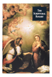 Book cover of 'The Scriptural Rosary' with an angel and woman scene.