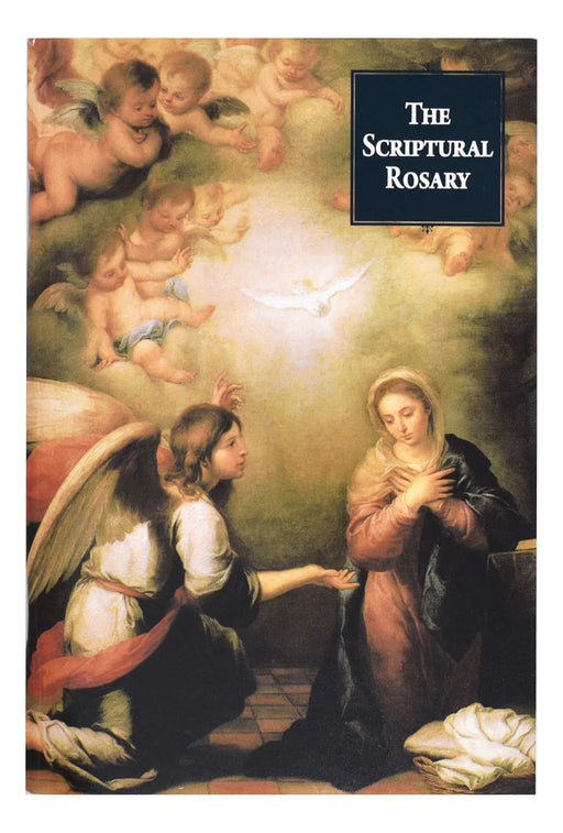 Book cover of 'The Scriptural Rosary' with an angel and woman scene.