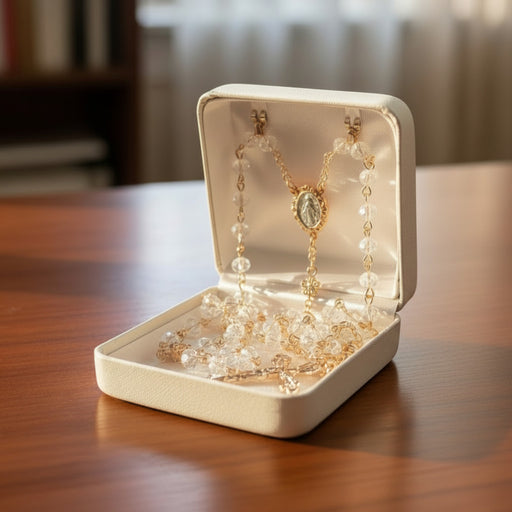 A boxed First Communion rosary with crystal beads and a rose gold crucifix rests on a table.
