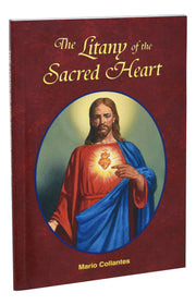 Book cover of 'The Litany of the Sacred Heart' with an illustration of Jesus Christ on a red background.