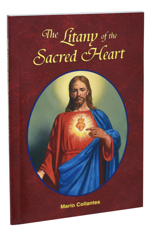 Book cover of 'The Litany of the Sacred Heart' with an illustration of Jesus Christ on a red background.