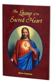 Book cover of 'The Litany of the Sacred Heart' with a depiction of Jesus Christ on a red background.