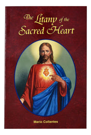Book cover of 'The Litany of the Sacred Heart' with an illustration of Jesus on a red background