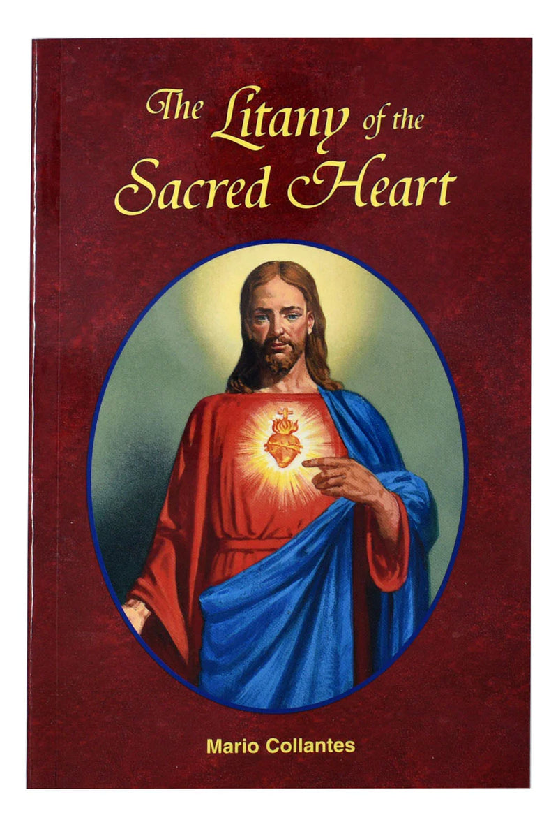 Book cover of 'The Litany of the Sacred Heart' with an illustration of Jesus on a red background