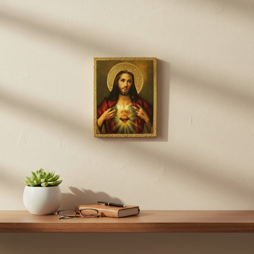 Framed artwork of the Sacred Heart of Jesus on a wall above a wooden shelf with a plant, glasses, and book.