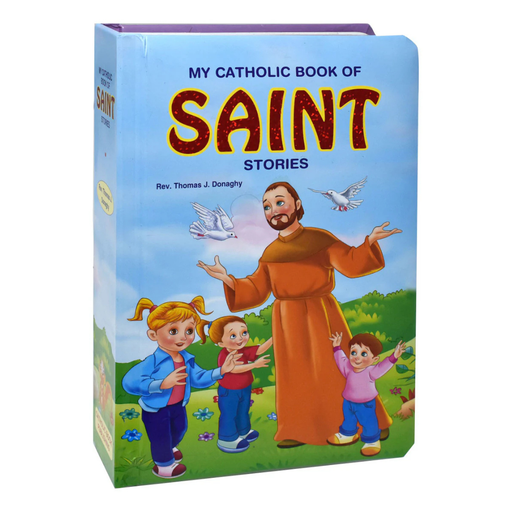 Book titled 'My Catholic Book of Saint Stories' with a colorful cover featuring a saint and children.