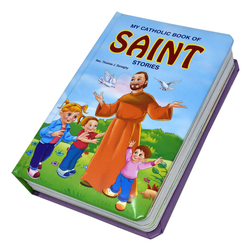 Children's book titled 'My Catholic Book of Saint Stories' with a colorful cover featuring a saint and children.
