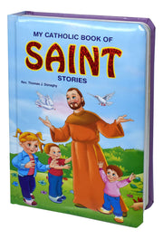 Book titled 'My Catholic Book of Saint Stories' with a colorful cover featuring a saint and children.