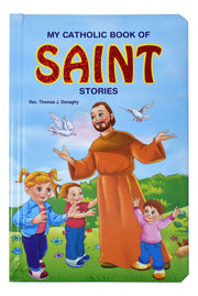 Book titled 'My Catholic Book of Saint Stories' featuring a illustration of a saint with children on a blue background.