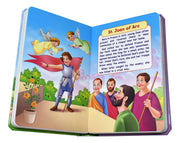 Open book with illustrations and text about St. Joan of Arc