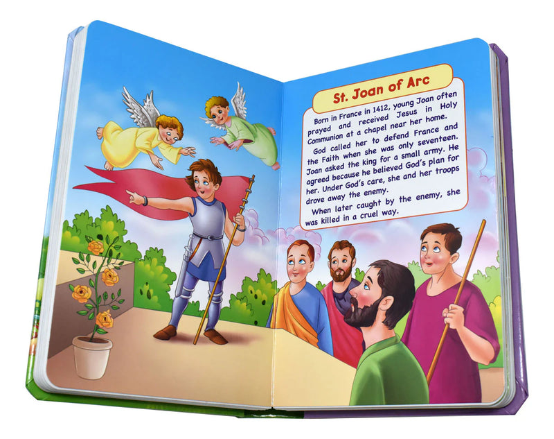 Open book with illustrations and text about St. Joan of Arc