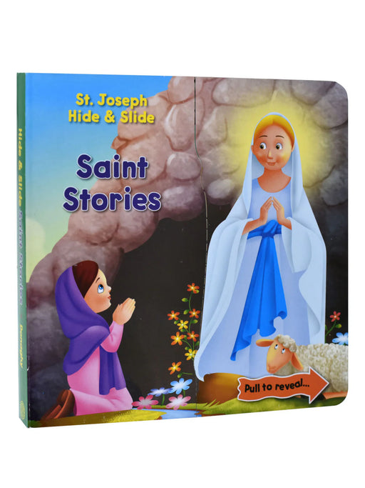 Children's book titled 'Saint Stories' featuring illustrations of a woman and a child praying, with a sheep and flowers in the background.