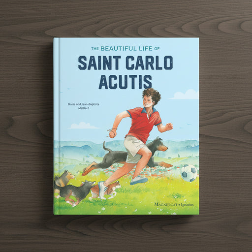 Book cover of 'The Beautiful Life of Saint Carlo Acutis' on a wooden surface