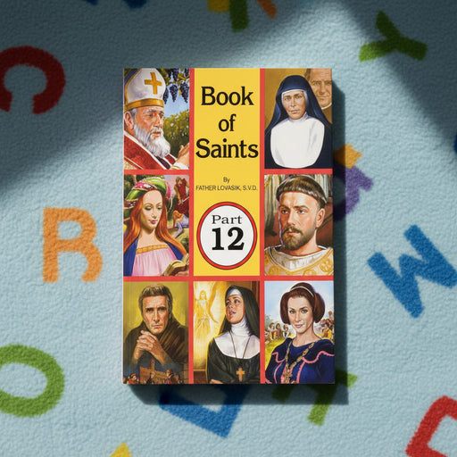 Book of Saints Part 12 on a colorful letter background