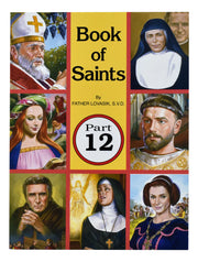 Book cover of 'Book of Saints' with portraits of various saints and a yellow background.