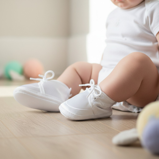 Baby wearing white satin baptism booties on a wooden floor with toys in the background
