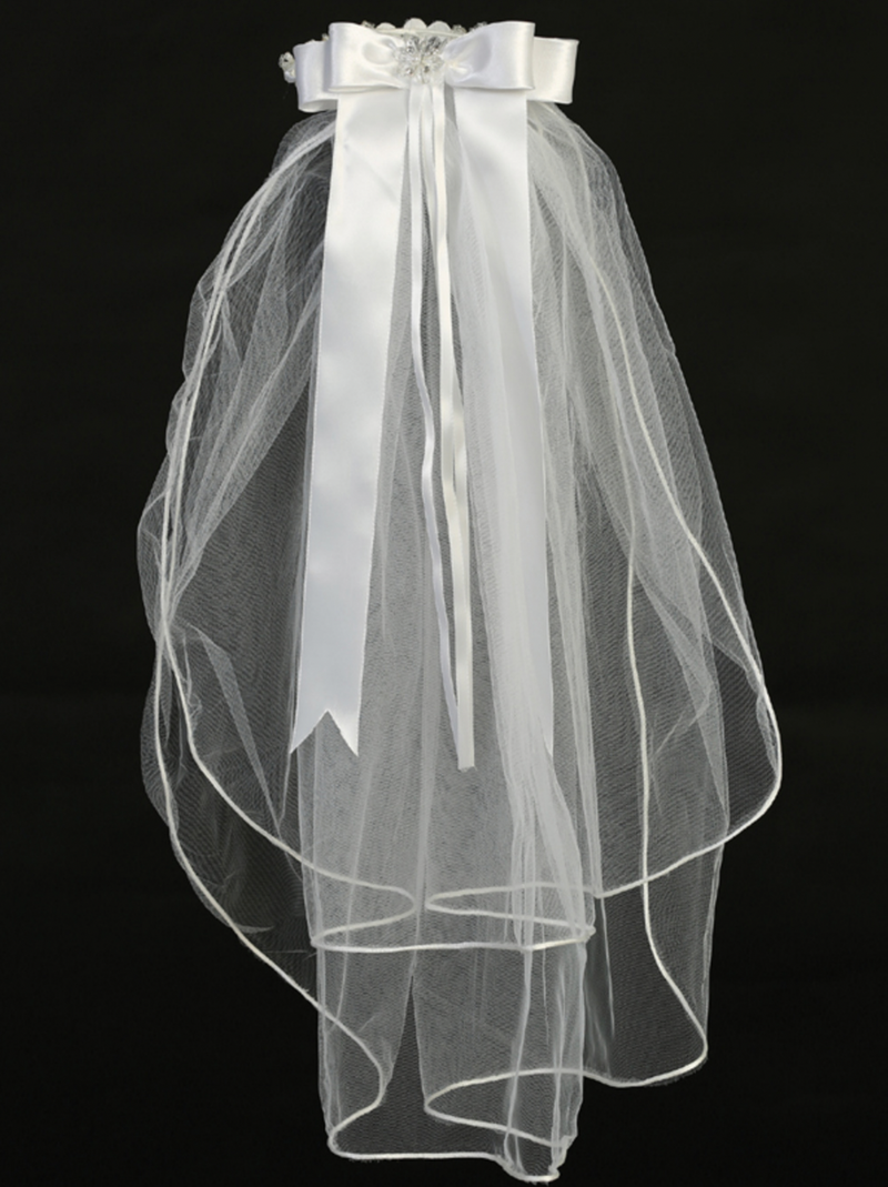 Full view of a satin ribbon, vintage style First Communion veil with a headband.