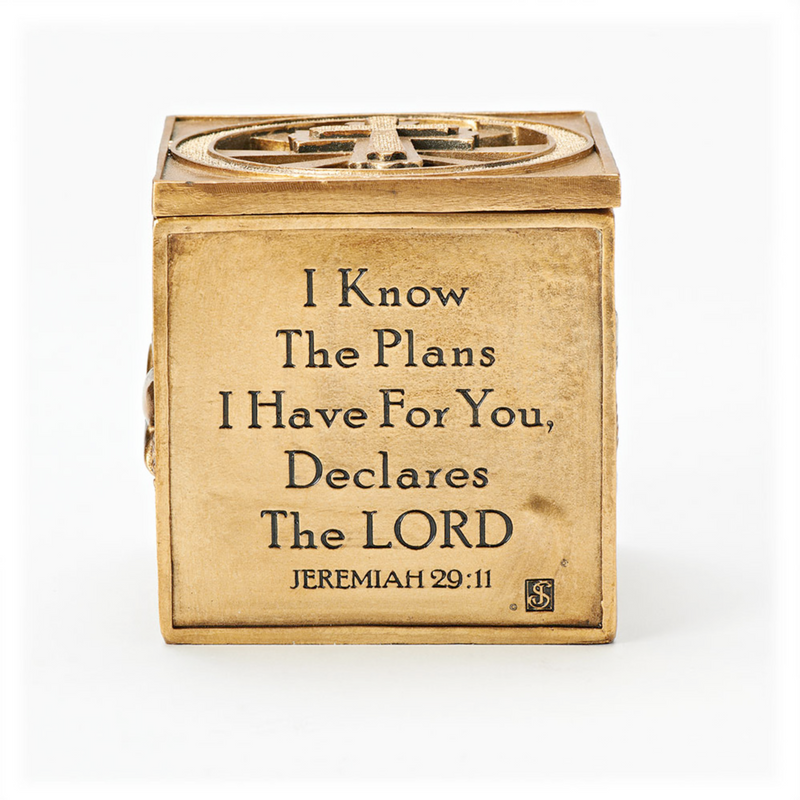 Multi sacrament engraved keepsake box with gold finish and Scripture verse.