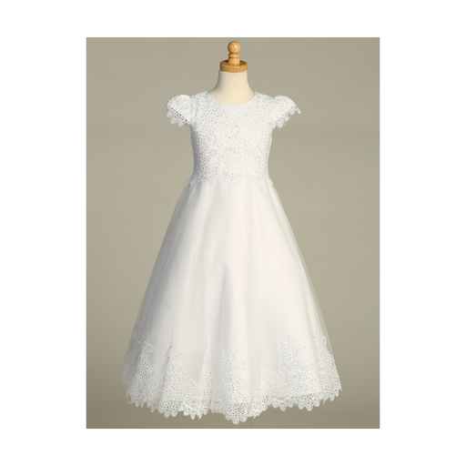 A a white lace First Communion dress with sequins over a gray background.