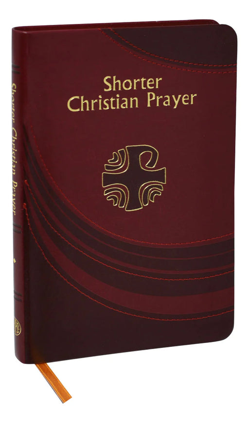 Maroon prayer book with gold text and cross symbol on a white background