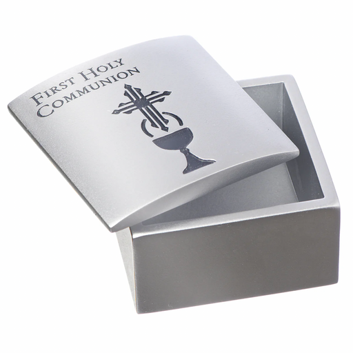 Silver First Holy Communion jewelry box on a white background