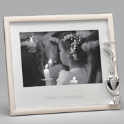 Silver chalice First Communion picture frame for a 4x6 inch size photograph on a gray background.