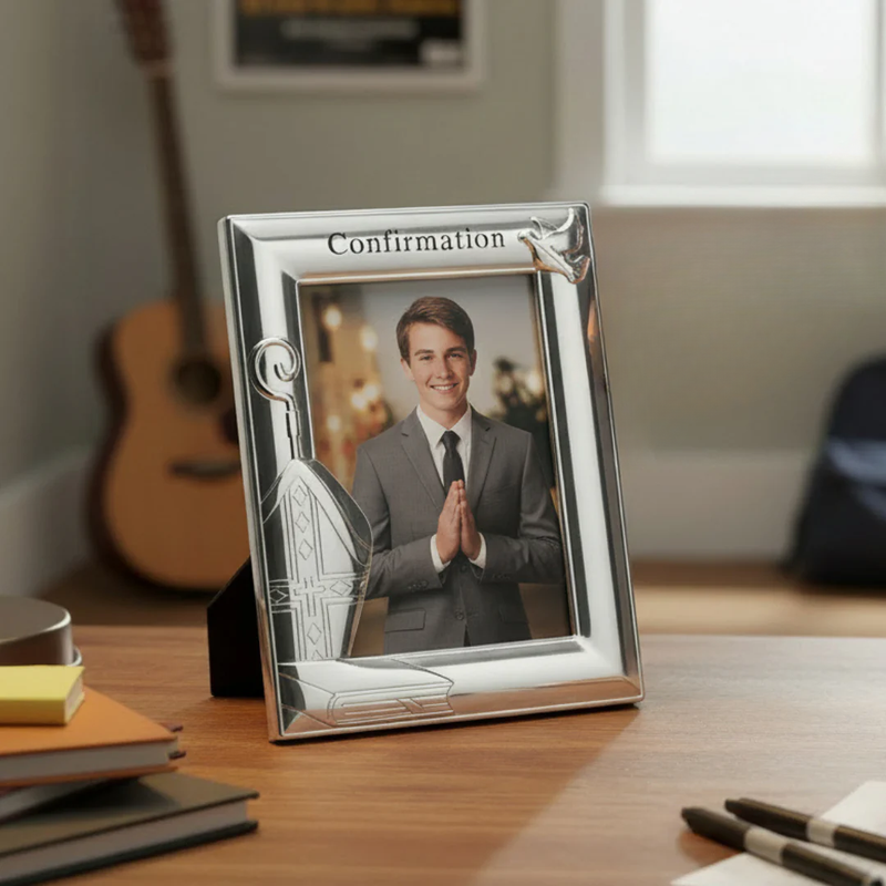 Silver finish Confirmation photo frame with a portrait of a person in a suit on a desk.