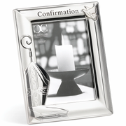 A Confirmation picture frame with a mitre, crosier, and Holy Spirit dove emblem, with a silver finish.