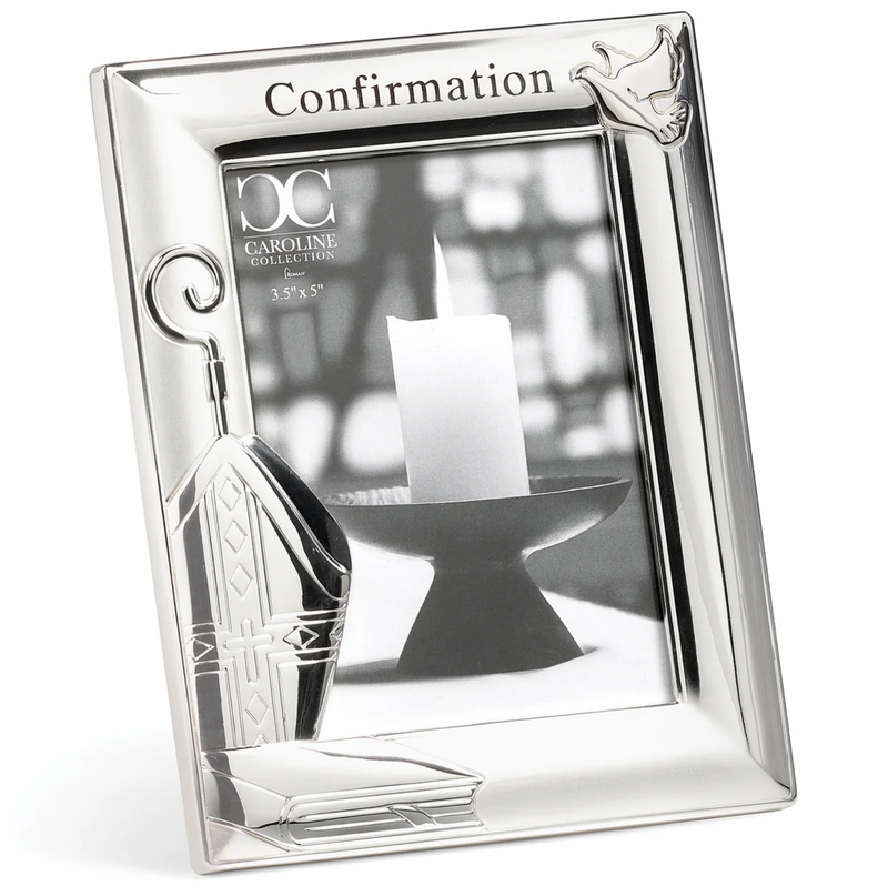A Confirmation picture frame with a mitre, crosier, and Holy Spirit dove emblem, with a silver finish.