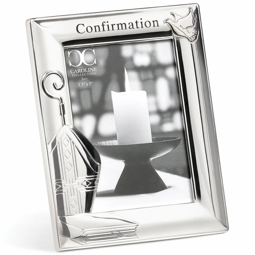 A Confirmation picture frame with a mitre, crosier, and Holy Spirit dove emblem, with a silver finish.