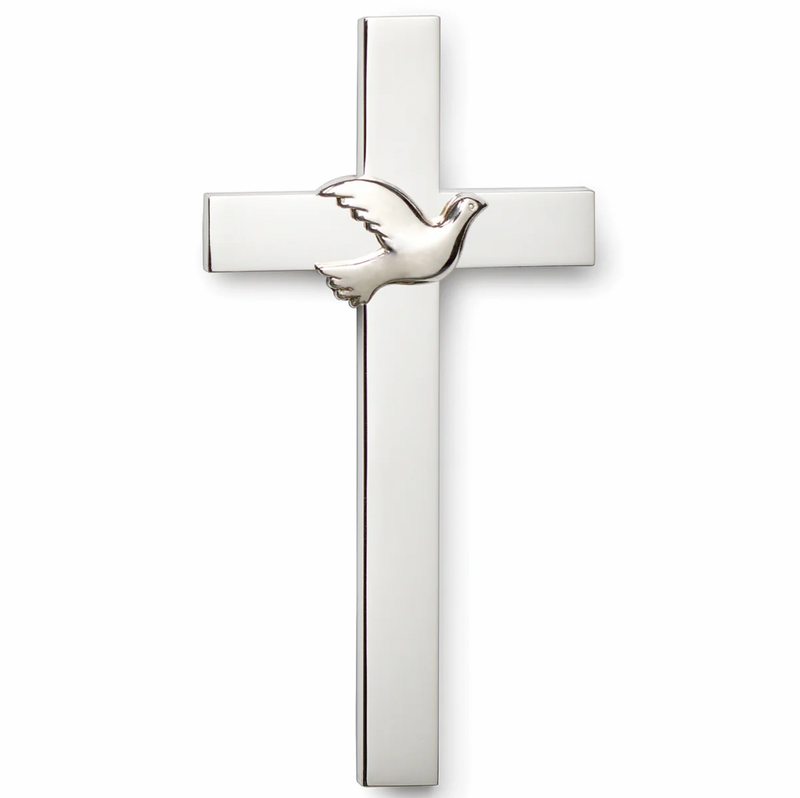 Silver finish Holy Spirit Confirmation cross on a white background.