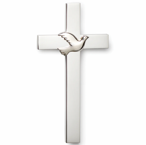 Silver finish Holy Spirit Confirmation cross on a white background.